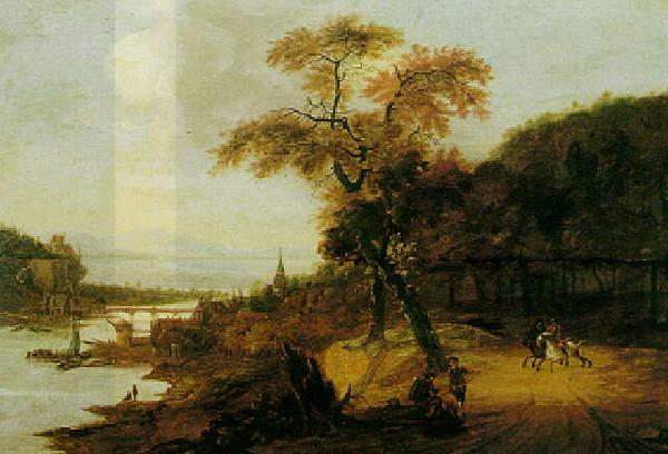 Jacob van der Does Landscape along a river with horsemen